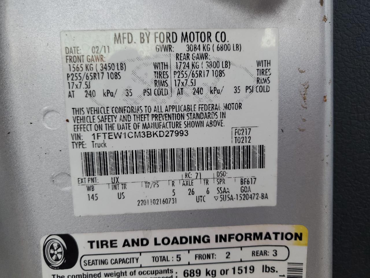 2011 Ford F150 Supercrew VIN: 1FTEW1CM3BKD27993 Lot: 76739834