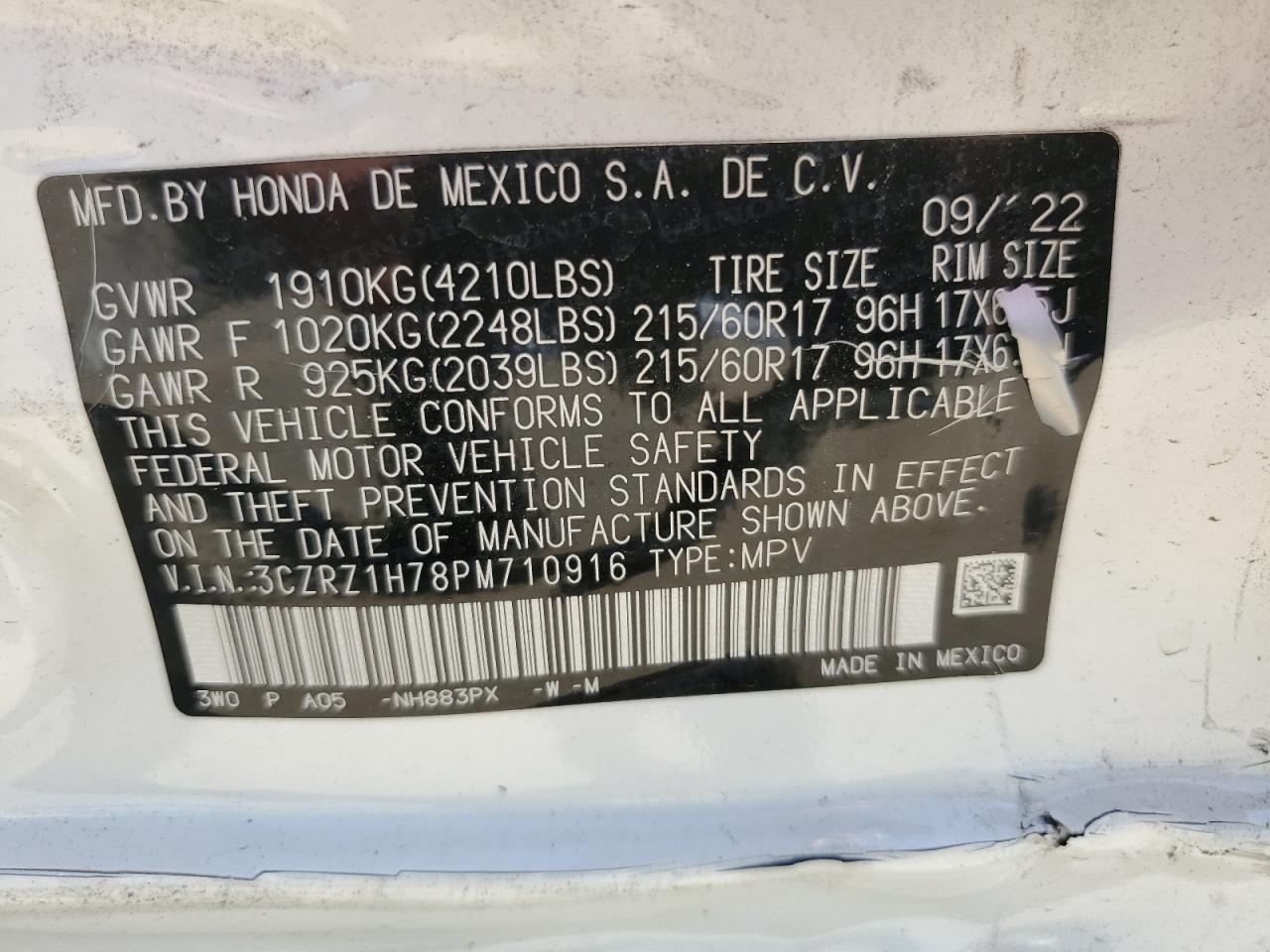 2023 Honda Hr-V Exl VIN: 3CZRZ1H78PM710916 Lot: 74071844