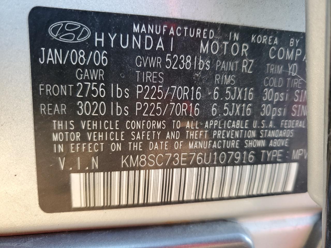 KM8SC73E76U107916 2006 Hyundai Santa Fe Gls