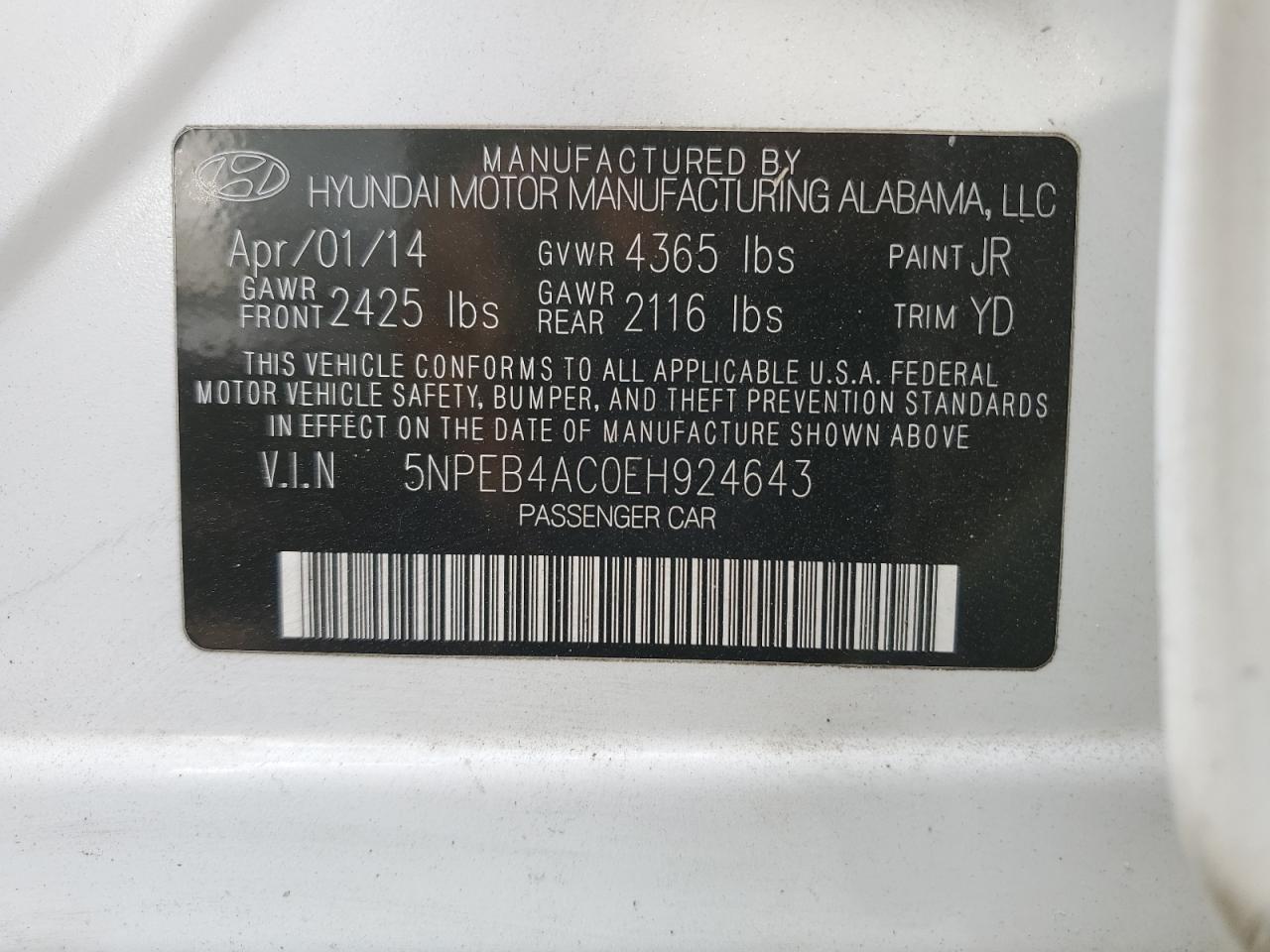 5NPEB4AC0EH924643 2014 Hyundai Sonata Gls