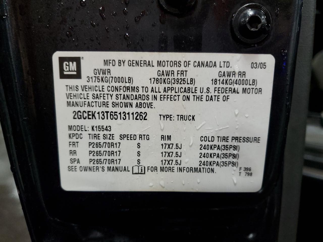 2GCEK13T651311262 2005 Chevrolet Silverado K1500