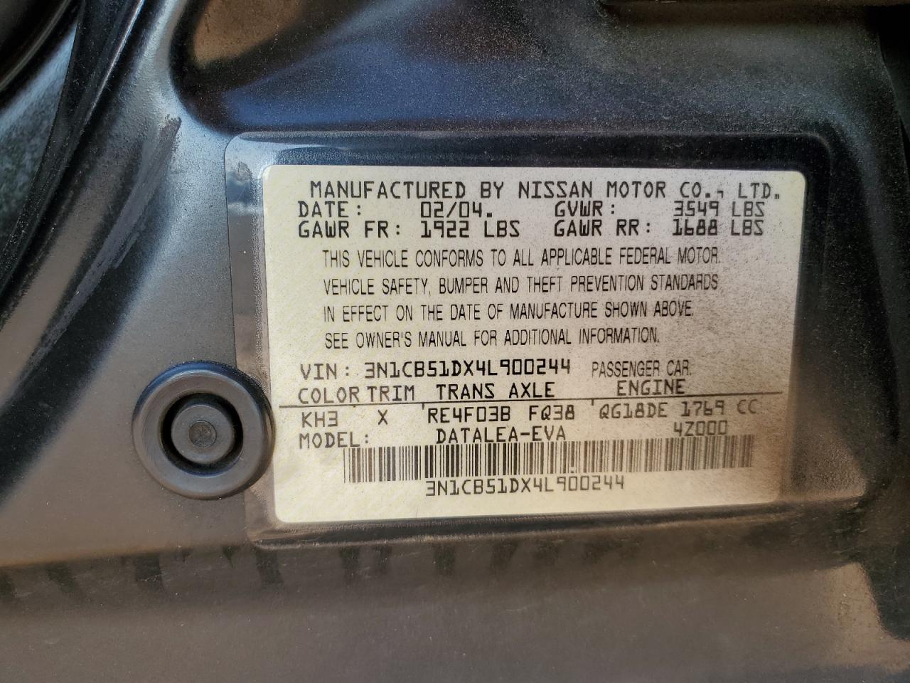 2004 Nissan Sentra 1.8 VIN: 3N1CB51DX4L900244 Lot: 75319294