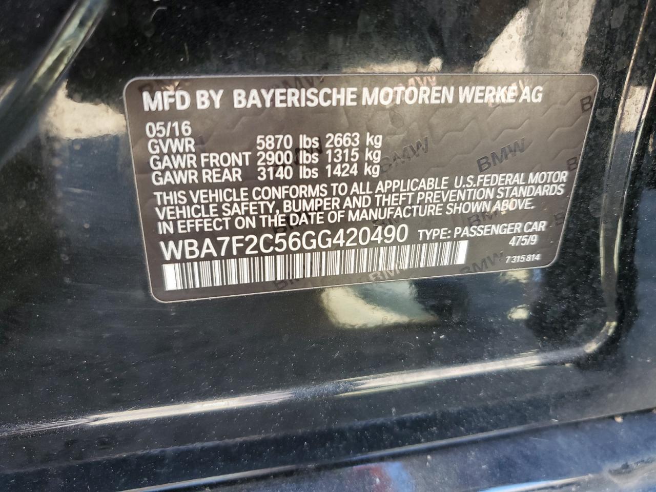 WBA7F2C56GG420490 2016 BMW 750 Xi