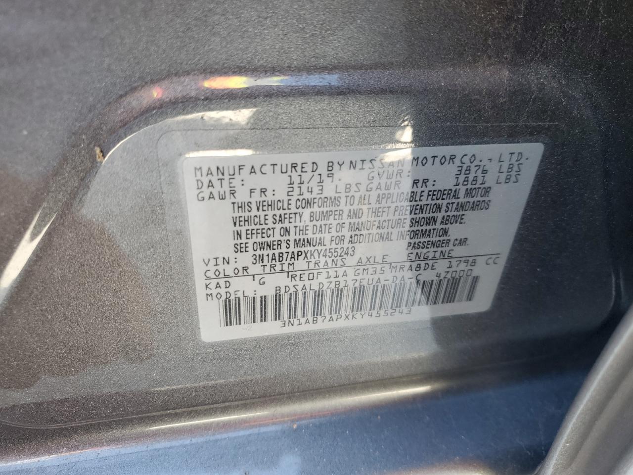 3N1AB7APXKY455243 2019 Nissan Sentra S