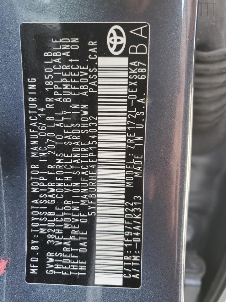 2014 Toyota Corolla L VIN: 5YFBURHE4EP154032 Lot: 78022694