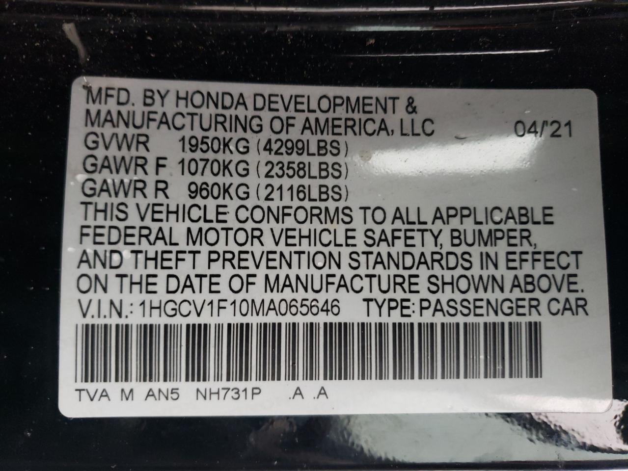 2021 Honda Accord Lx VIN: 1HGCV1F10MA065646 Lot: 78463834