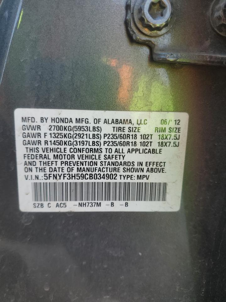 2012 Honda Pilot Exl VIN: 5FNYF3H59CB034902 Lot: 75629304