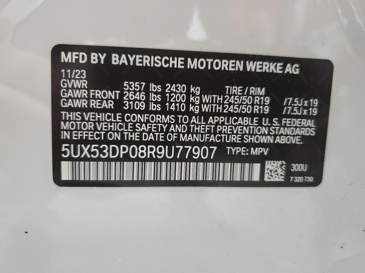 2024 BMW X3 xDrive30I VIN: 5UX53DP08R9U77907 Lot: 78440184