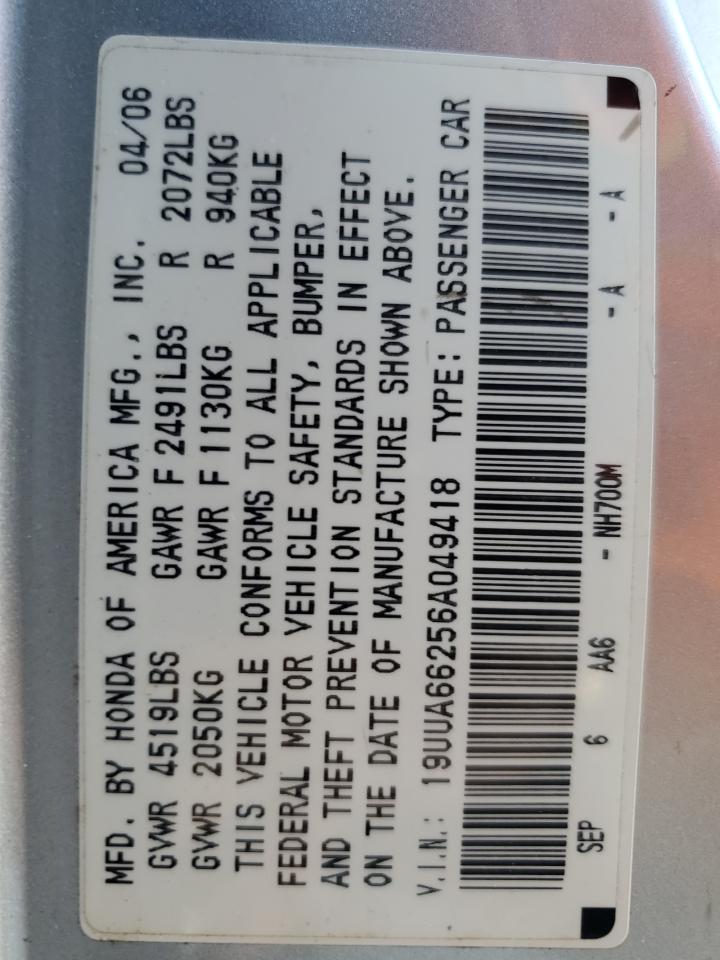 2006 Acura 3.2Tl VIN: 19UUA66256A049418 Lot: 76357094