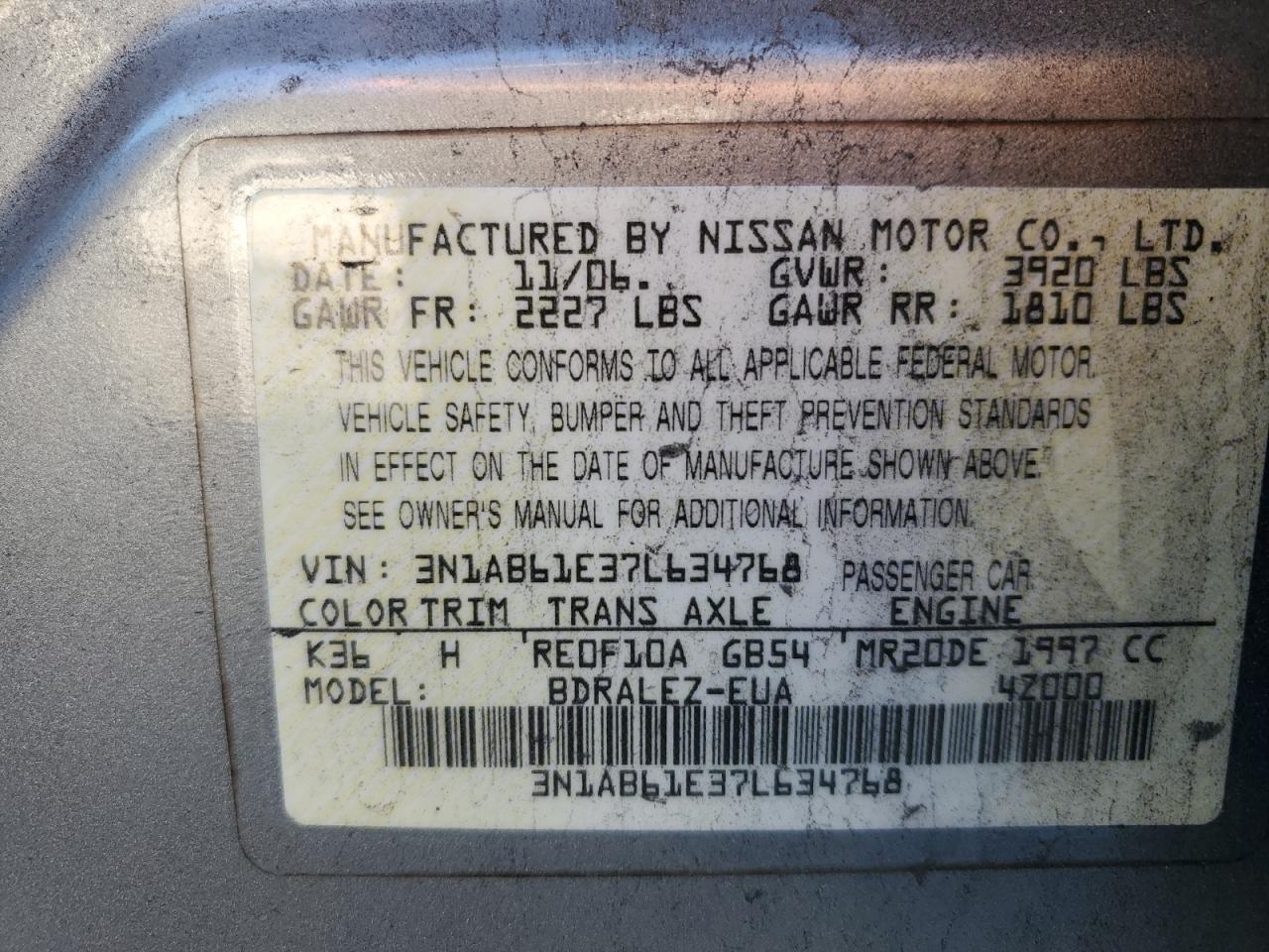 2007 Nissan Sentra 2.0 VIN: 3N1AB61E37L634768 Lot: 75168944