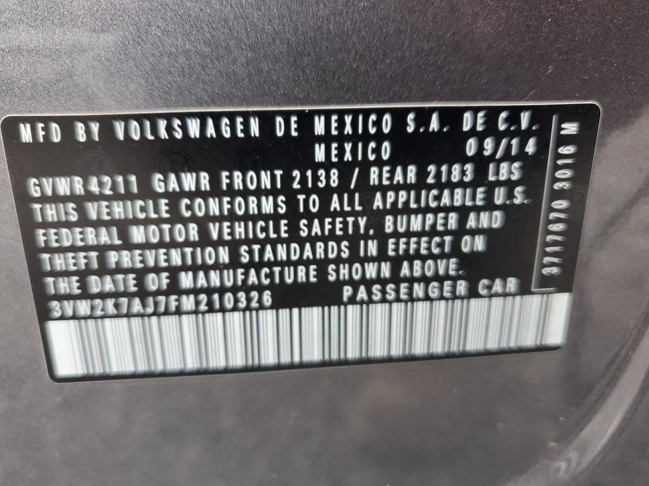 2015 Volkswagen Jetta Base VIN: 3VW2K7AJ7FM210326 Lot: 74274864