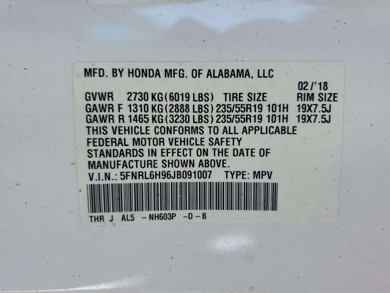 5FNRL6H96JB091007 2018 Honda Odyssey Elite