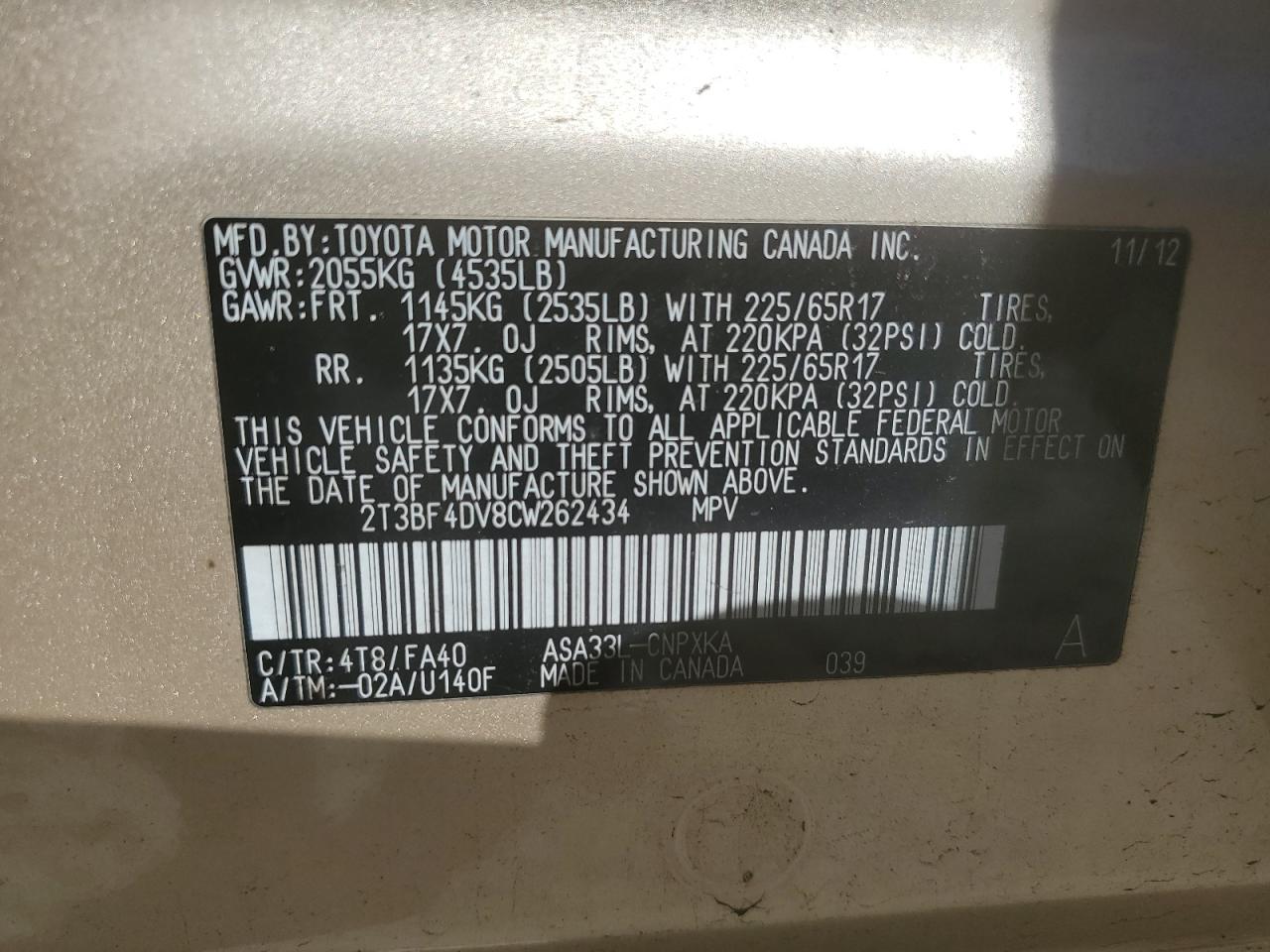 2T3BF4DV8CW262434 2012 Toyota Rav4