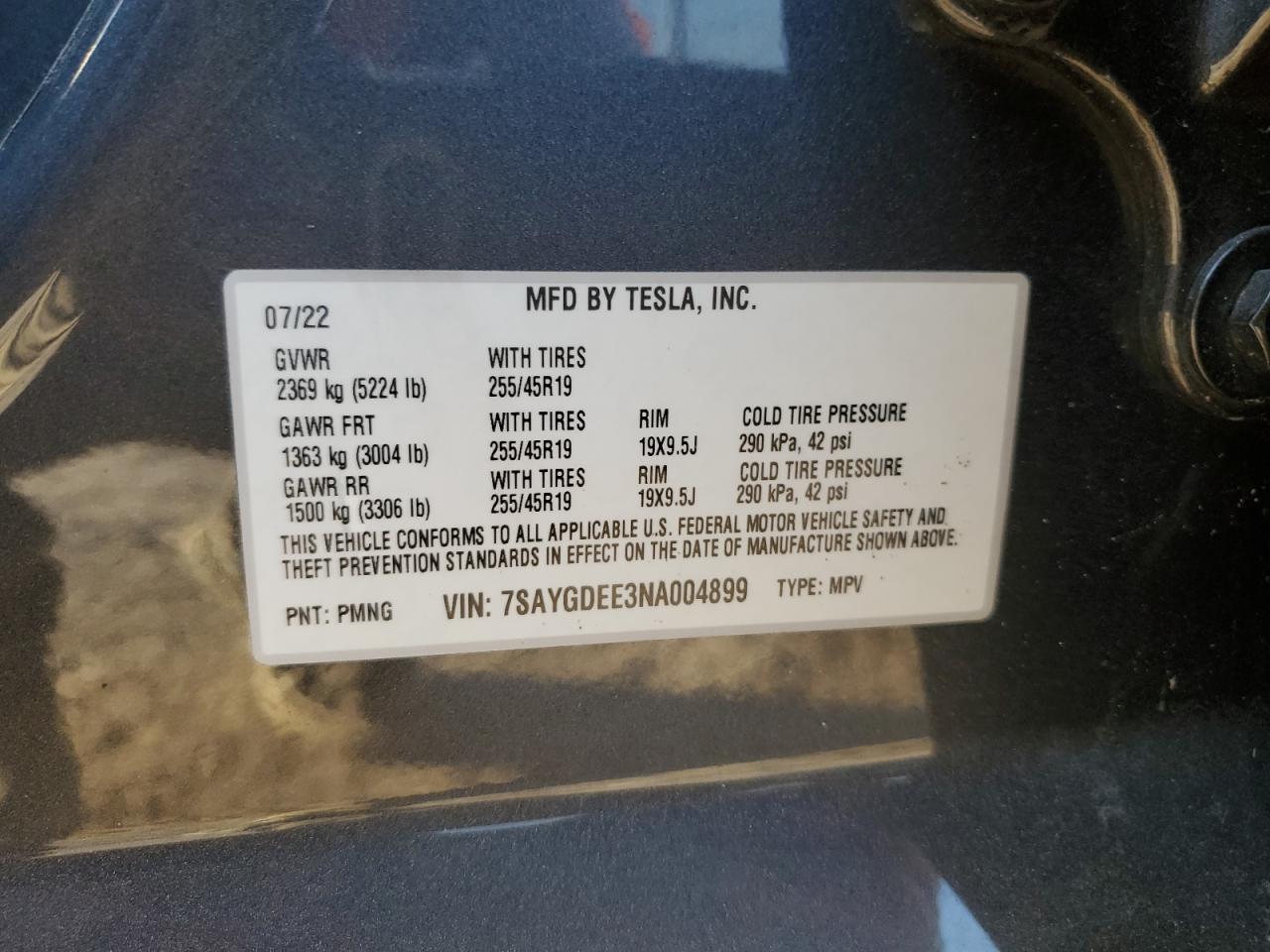 7SAYGDEE3NA004899 2022 Tesla Model Y