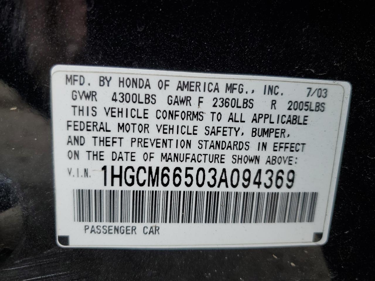 1HGCM66503A094369 2003 Honda Accord Ex