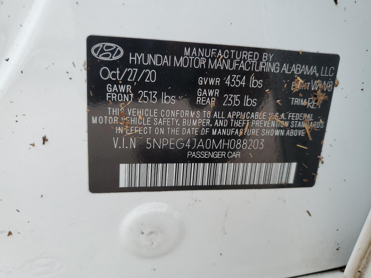 2021 Hyundai Sonata Se VIN: 5NPEG4JA0MH088203 Lot: 76787654