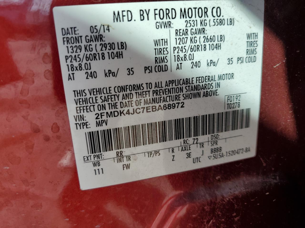 2014 Ford Edge Sel VIN: 2FMDK4JC7EBA68972 Lot: 74801794