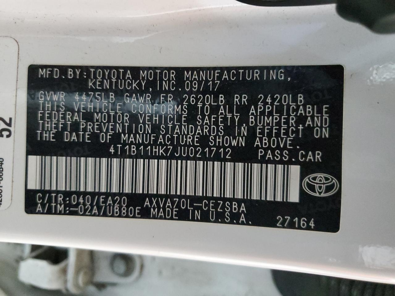 4T1B11HK7JU021712 2018 Toyota Camry L