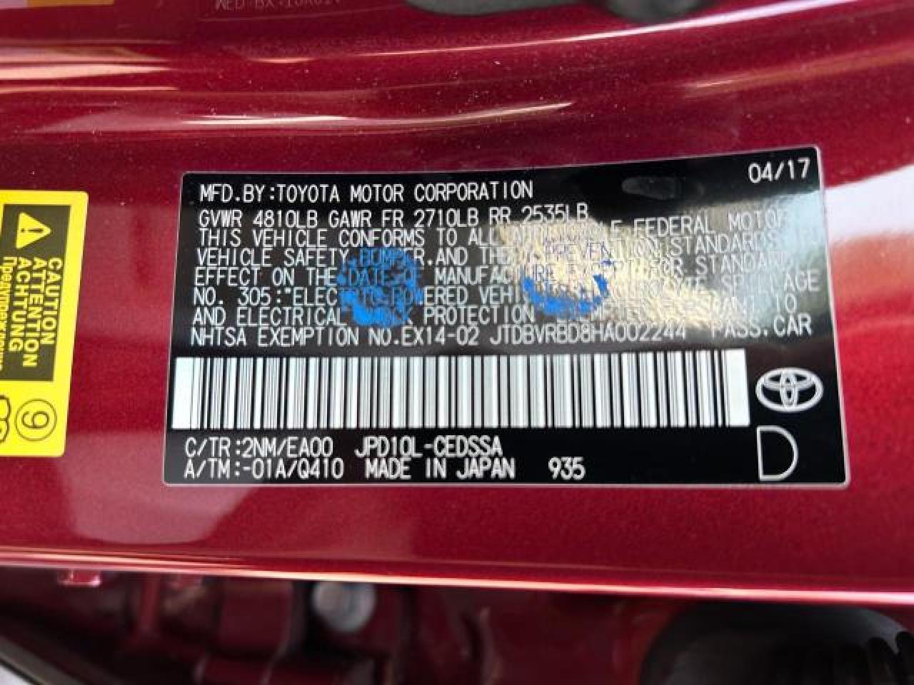 2017 Toyota Mirai VIN: JTDBVRBD8HA002244 Lot: 74394094