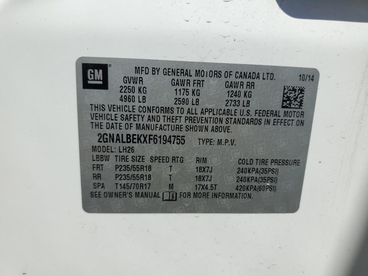 2GNALBEKXF6194755 2015 Chevrolet Equinox Lt