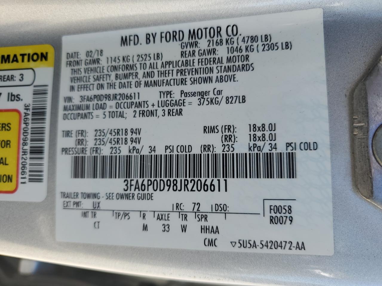 2018 Ford Fusion Titanium/Platinum VIN: 3FA6P0D98JR206611 Lot: 76139164