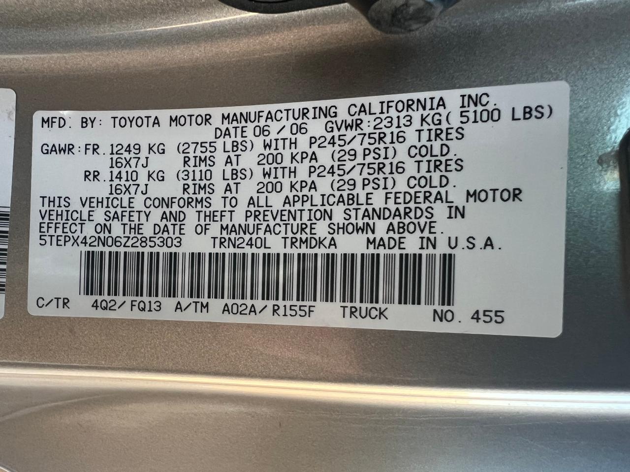 2006 Toyota Tacoma VIN: 5TEPX42N06Z285303 Lot: 78518004