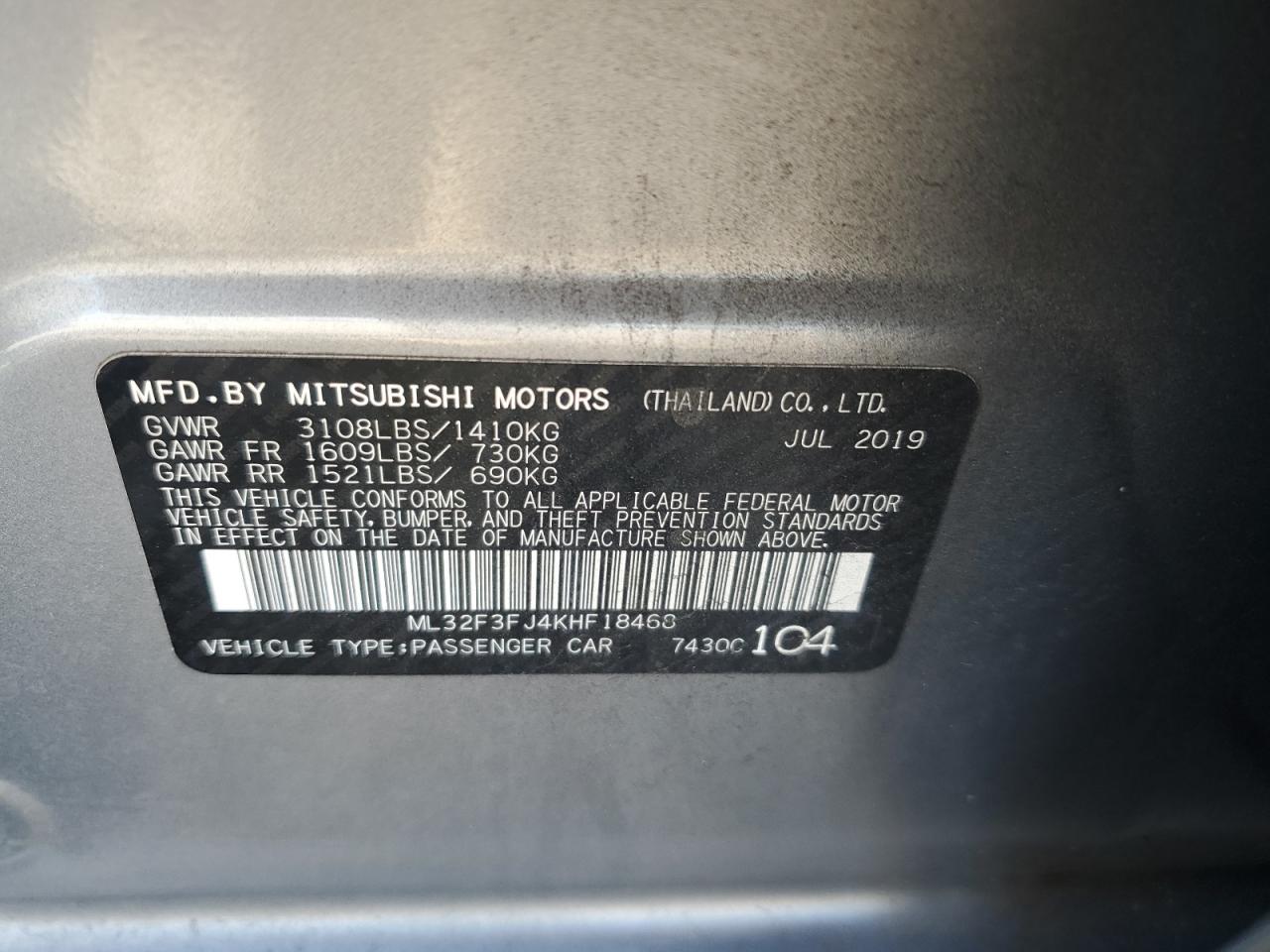 2019 Mitsubishi Mirage G4 Es VIN: ML32F3FJ4KHF18468 Lot: 77327804