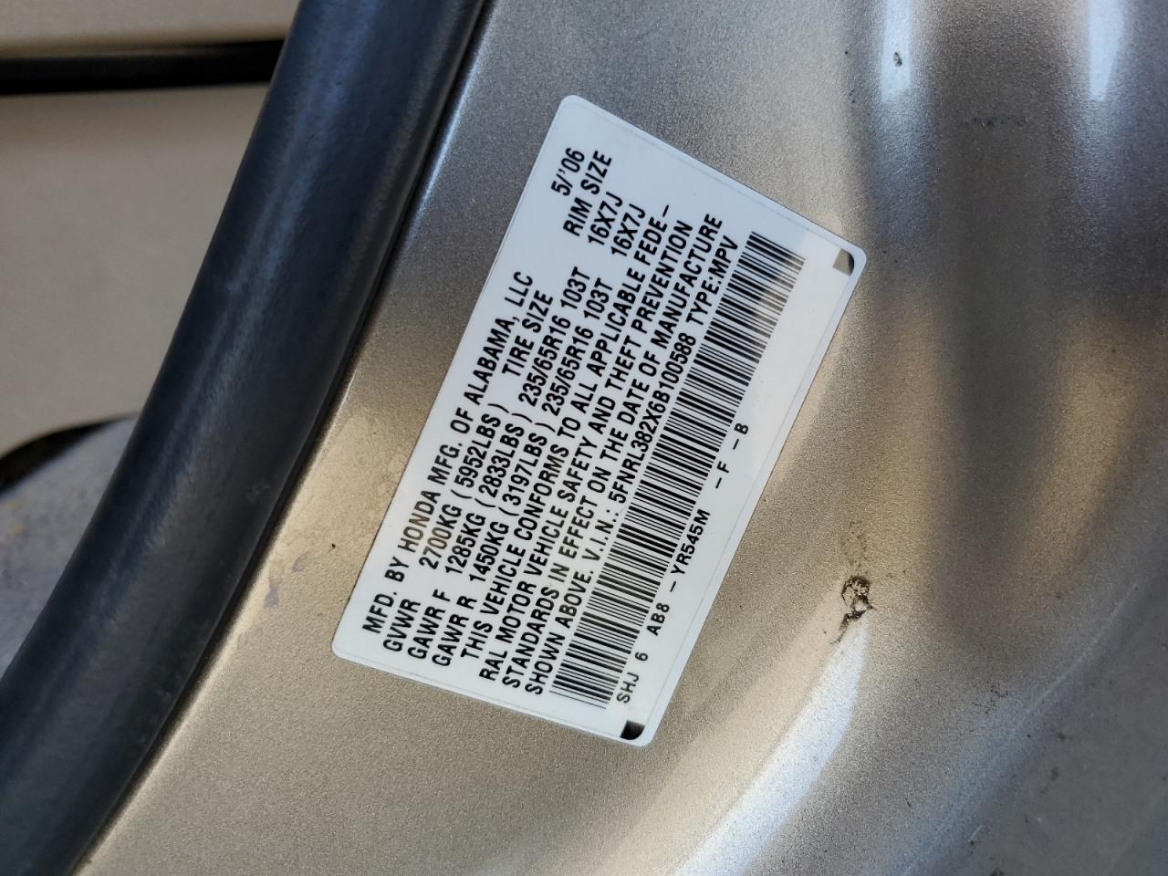 5FNRL382X6B100588 2006 Honda Odyssey Lx