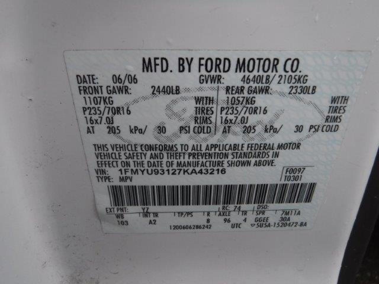 2007 Ford Escape Xlt VIN: 1FMYU93127KA43216 Lot: 76832654