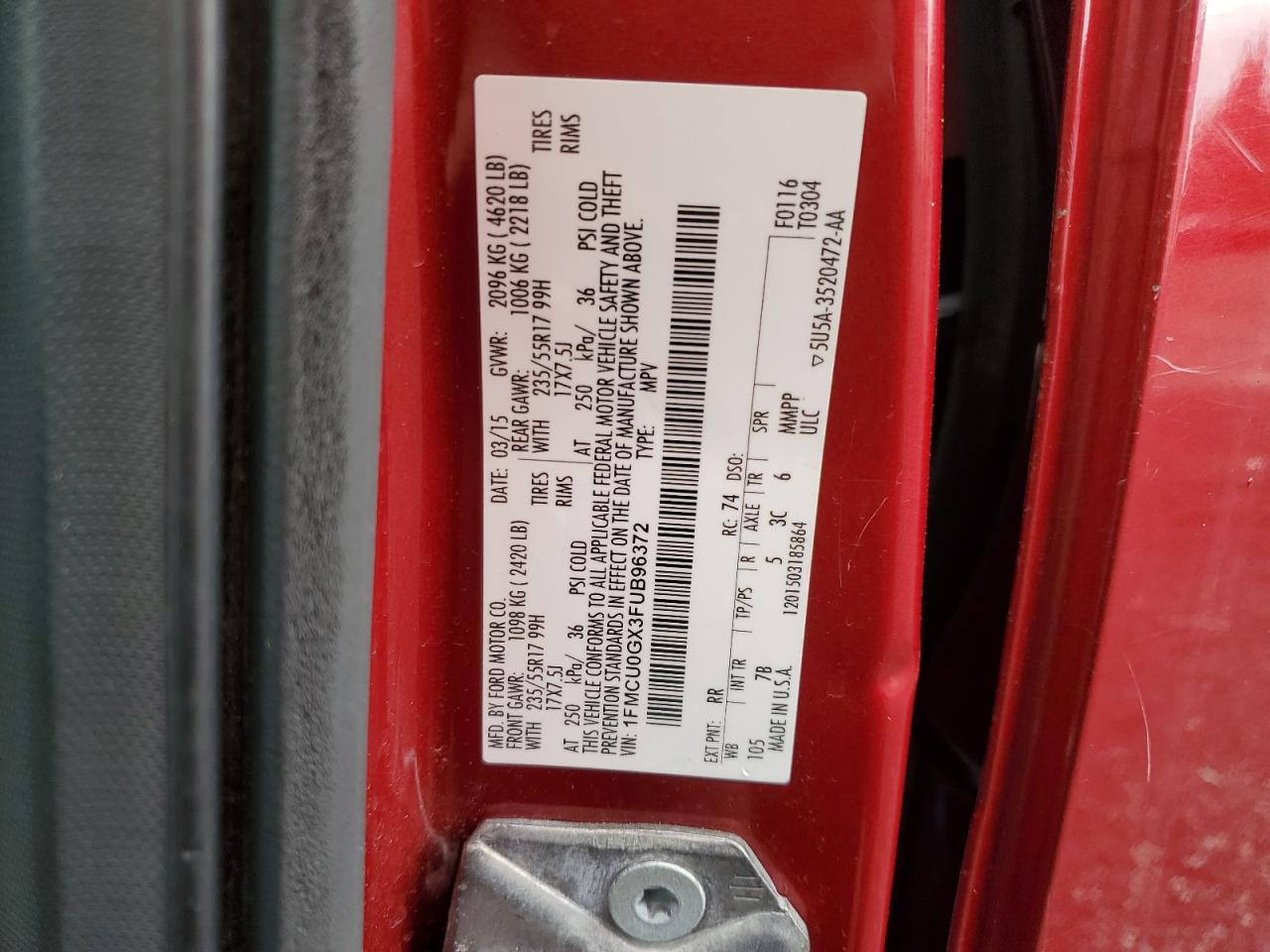 2015 Ford Escape Se VIN: 1FMCU0GX3FUB96372 Lot: 77780794