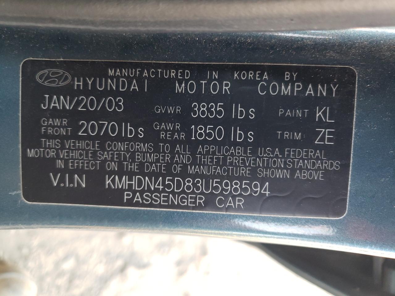 2003 Hyundai Elantra Gls VIN: KMHDN45D83U598594 Lot: 76713594