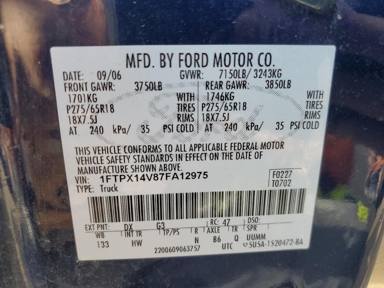 2007 Ford F150 VIN: 1FTPX14V87FA12975 Lot: 74398344