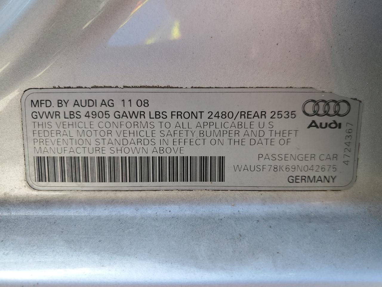2009 Audi A4 Premium Plus VIN: WAUSF78K69N042675 Lot: 74636154