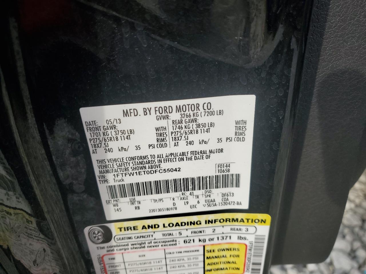 2013 Ford F150 Supercrew VIN: 1FTFW1ET0DFC55042 Lot: 78132154