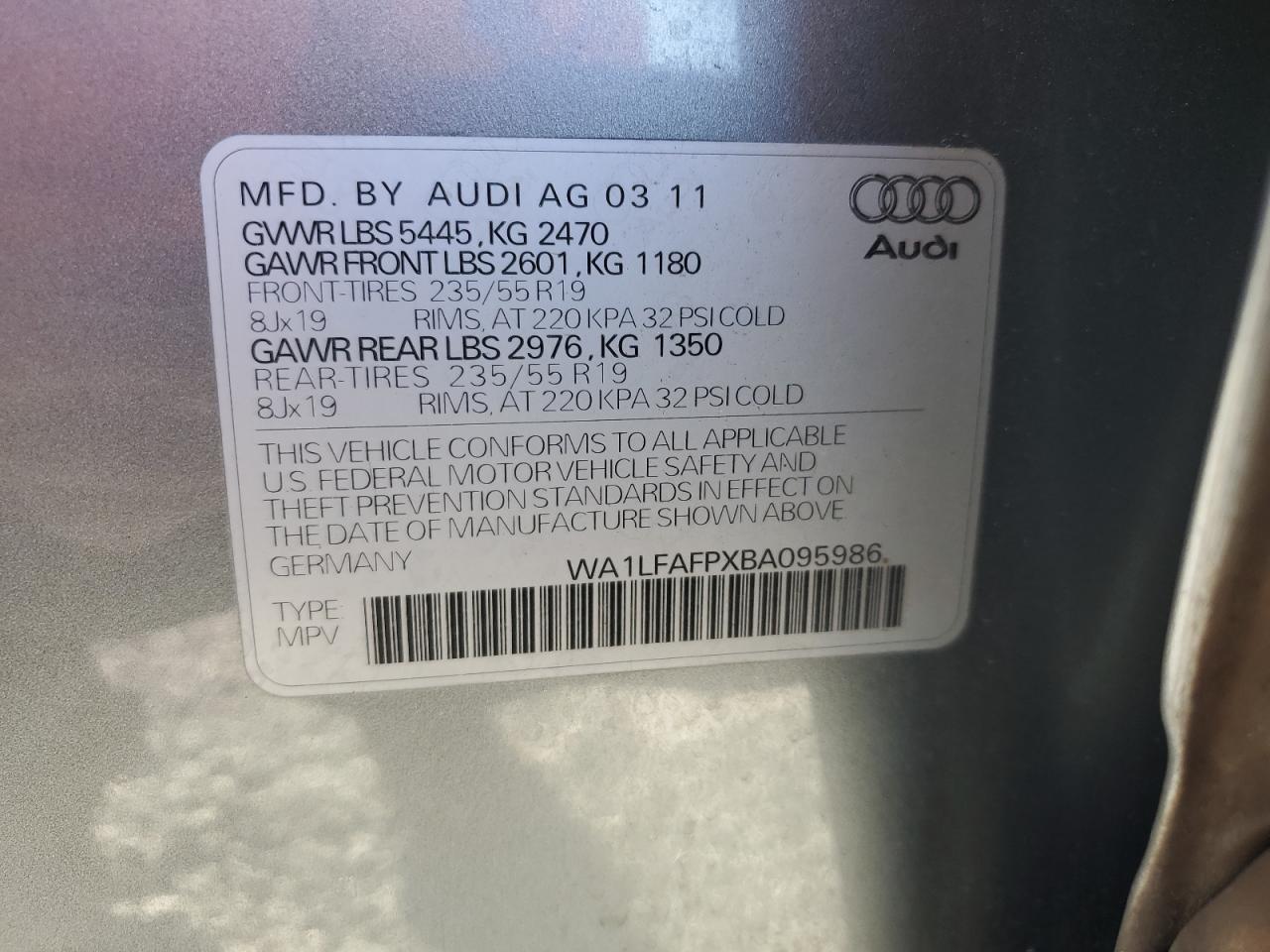 2011 Audi Q5 Premium Plus VIN: WA1LFAFPXBA095986 Lot: 77013044