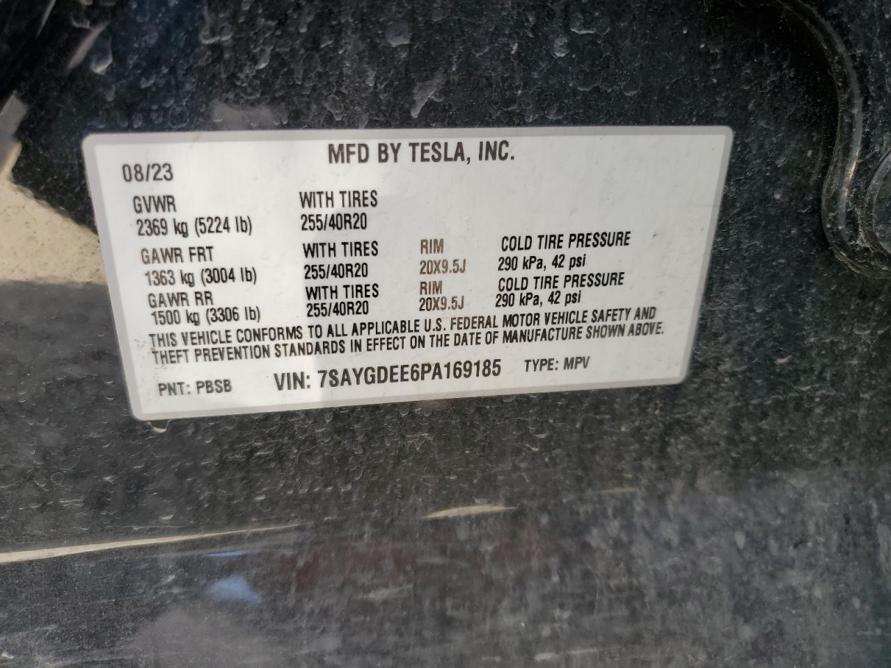 2023 Tesla Model Y VIN: 7SAYGDEE6PA169185 Lot: 73802294