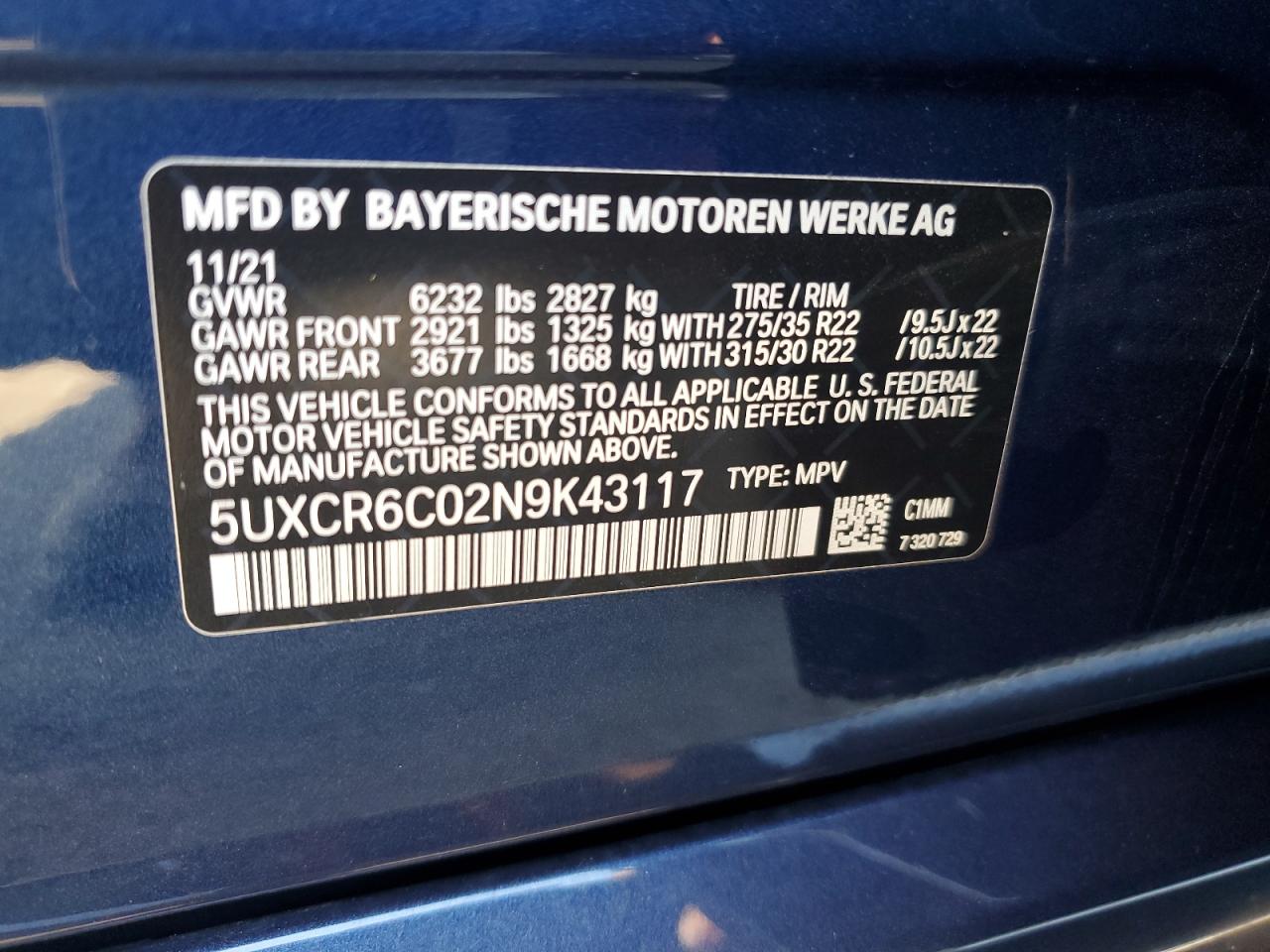 2022 BMW X5 xDrive40I VIN: 5UXCR6C02N9K43117 Lot: 77334864