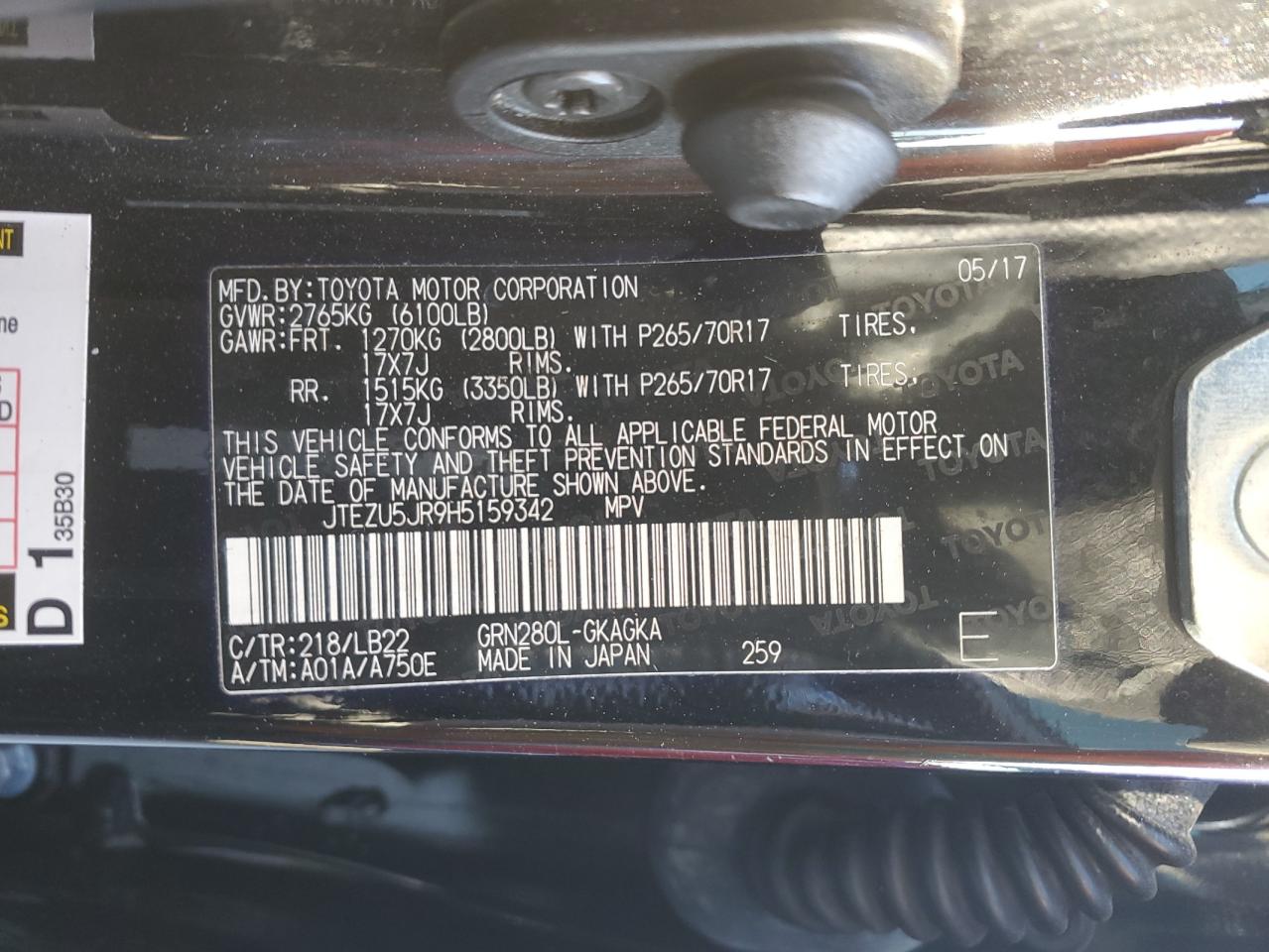 JTEZU5JR9H5159342 2017 Toyota 4Runner Sr5