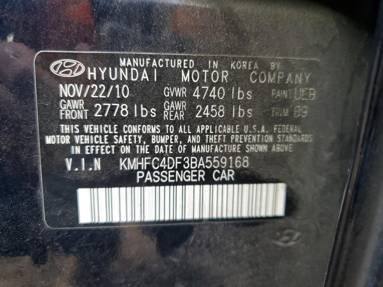 2011 Hyundai Azera Gls VIN: KMHFC4DF3BA559168 Lot: 78522114