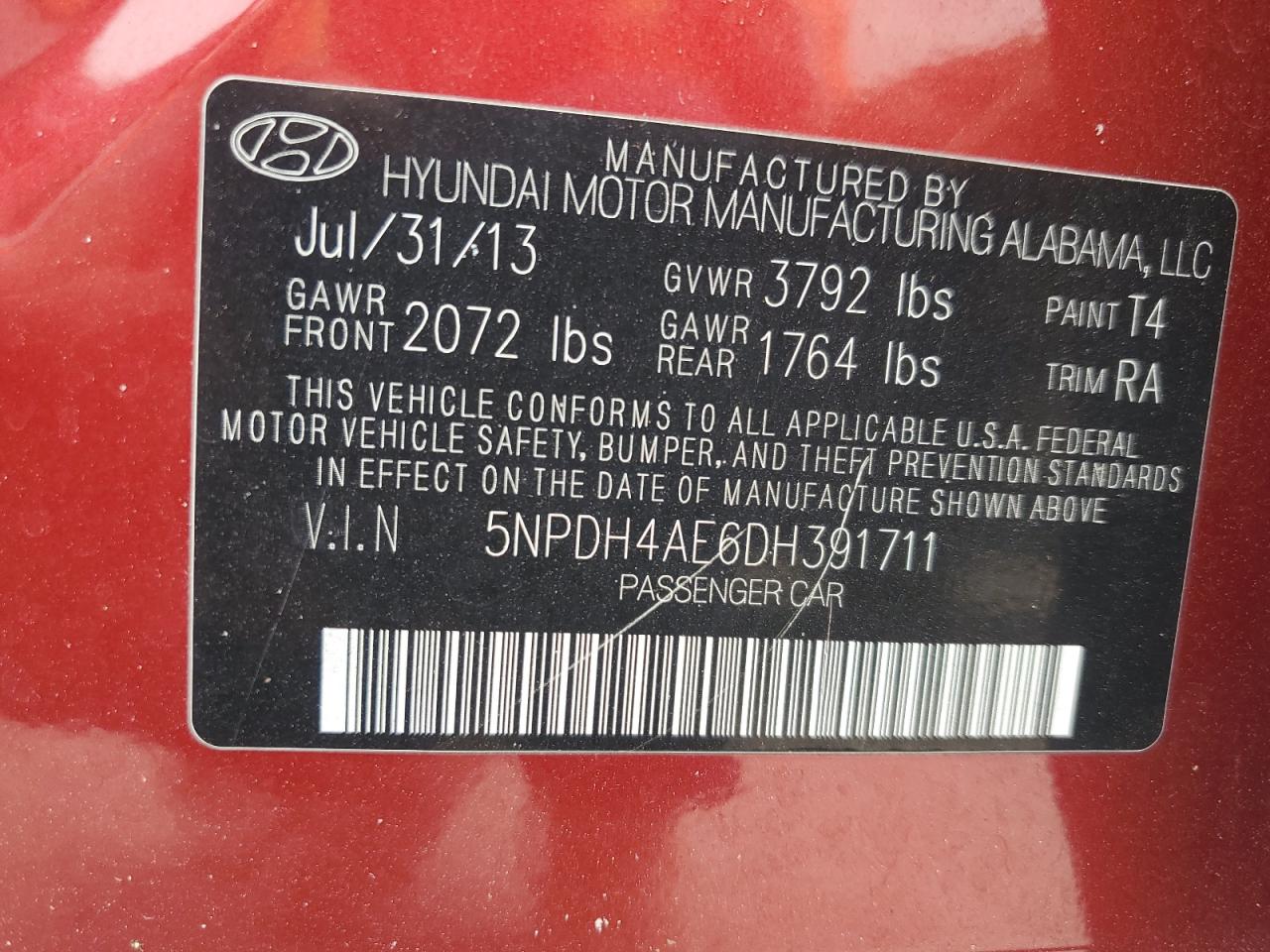 5NPDH4AE6DH391711 2013 Hyundai Elantra Gls