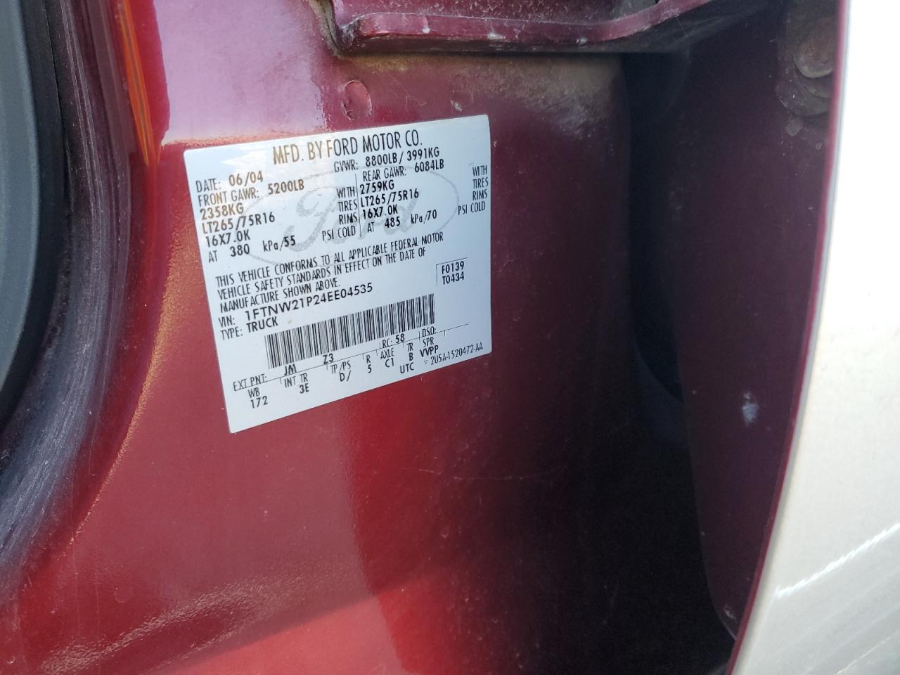 2004 Ford F250 Super Duty VIN: 1FTNW21P24EE04535 Lot: 76033744