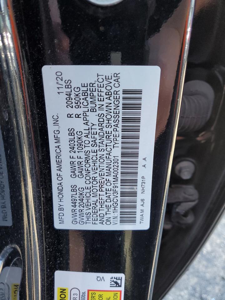 1HGCV3F91MA002301 2021 Honda Accord Touring Hybrid