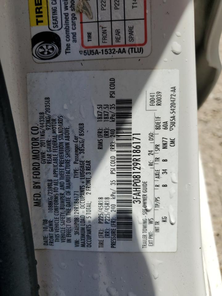 2009 Ford Fusion Sel VIN: 3FAHP08129R186171 Lot: 74115204