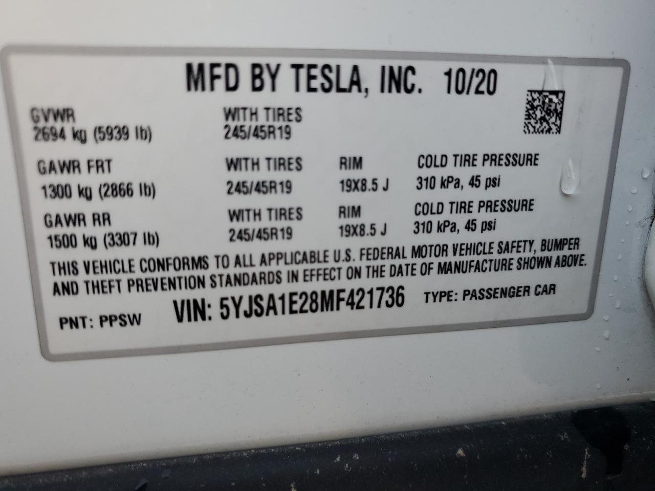 2021 Tesla Model S VIN: 5YJSA1E28MF421736 Lot: 74472014