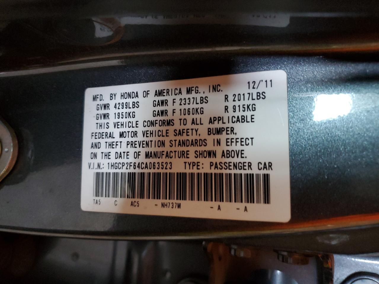 1HGCP2F64CA063523 2012 Honda Accord Se