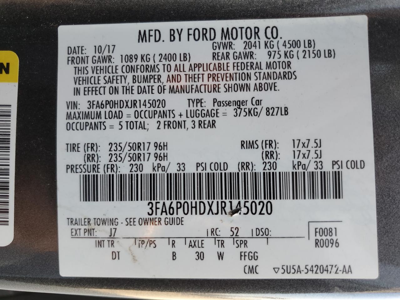 2018 Ford Fusion Se VIN: 3FA6P0HDXJR145020 Lot: 75475394