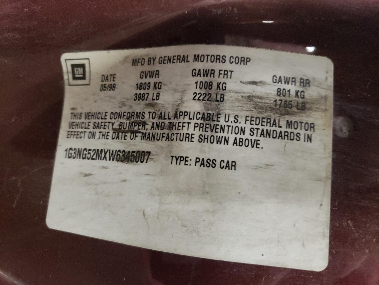 1G3NG52MXW6345007 1998 Oldsmobile Cutlass Gls