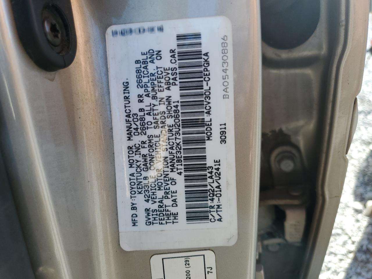 4T1BE32K73U206841 2003 Toyota Camry Le