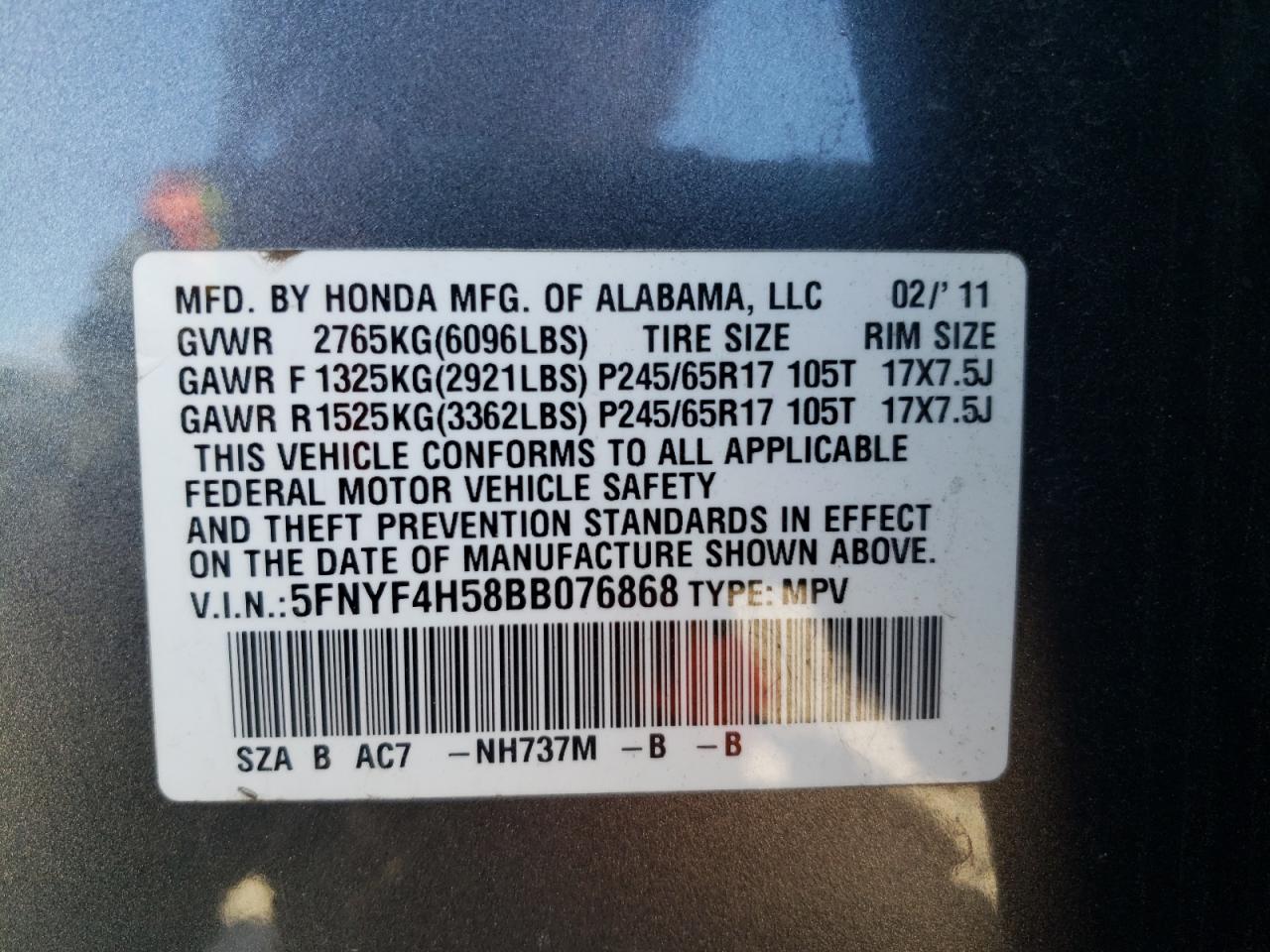 5FNYF4H58BB076868 2011 Honda Pilot Exl