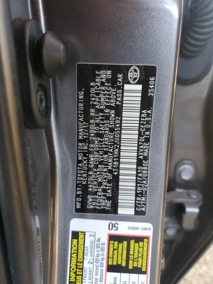 4T1B11HK2JU055492 2018 Toyota Camry L